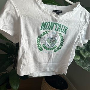 Forever 21 Cropped V-Neck T-Shirt Montauk Tennis Club graphic